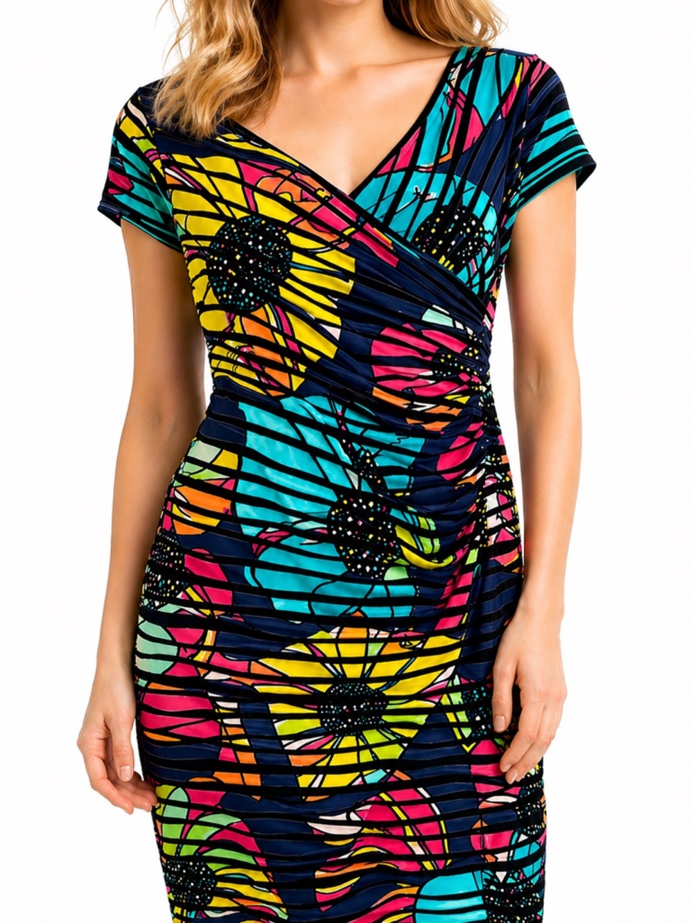Joseph Ribkoff Dress 6 Ruched Wrap Bodycon Colorful Abstract Floral Cocktail